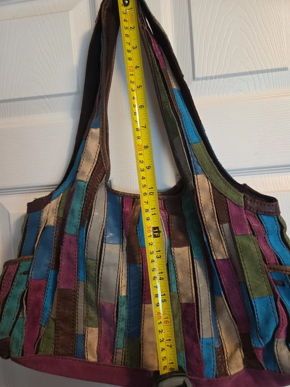 Lucky Brand Leather Hobo Tote Brown Blue Pink Patchwork - Used